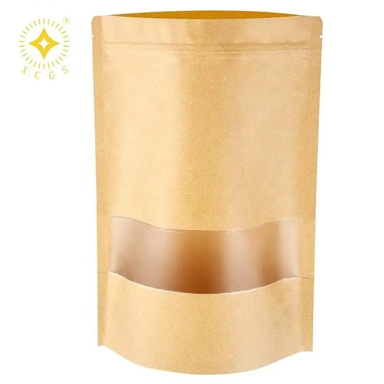 Custom all'ingrosso di alta qualità Stand Up Pouch per l'imballaggio alimentare marrone richiudibile sacchetti di carta Kraft con finestra