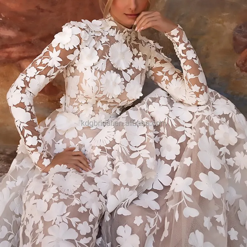 KDG bottone senza schienale moda vendita calda alto o-collo abiti da sposa bianco elegante lunghezza del pavimento floreale 3D pizzo fiore abiti da sposa