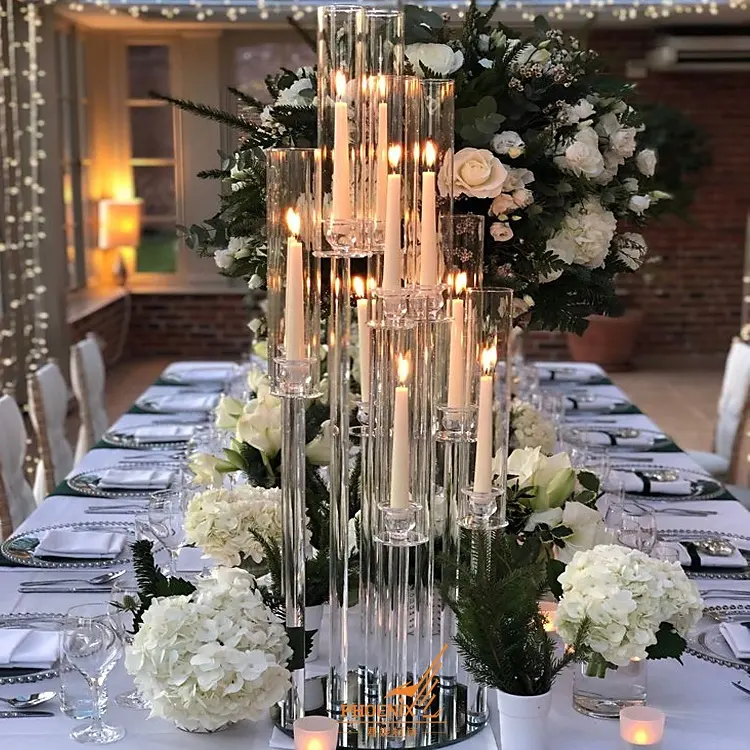 Bougeoir en tube de cristal 10 bras de haut pas cher arbre de mariage candélabre décoration de table en verre centres de table avec abat-jour en vente