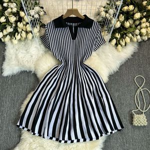 OEM Ladies Elegant Striped A-Line Dress V-Neck Free Comfortable Polo Design Knitted Sweater Short Sleeve Lapel <strong>Fashionable</strong> Dress