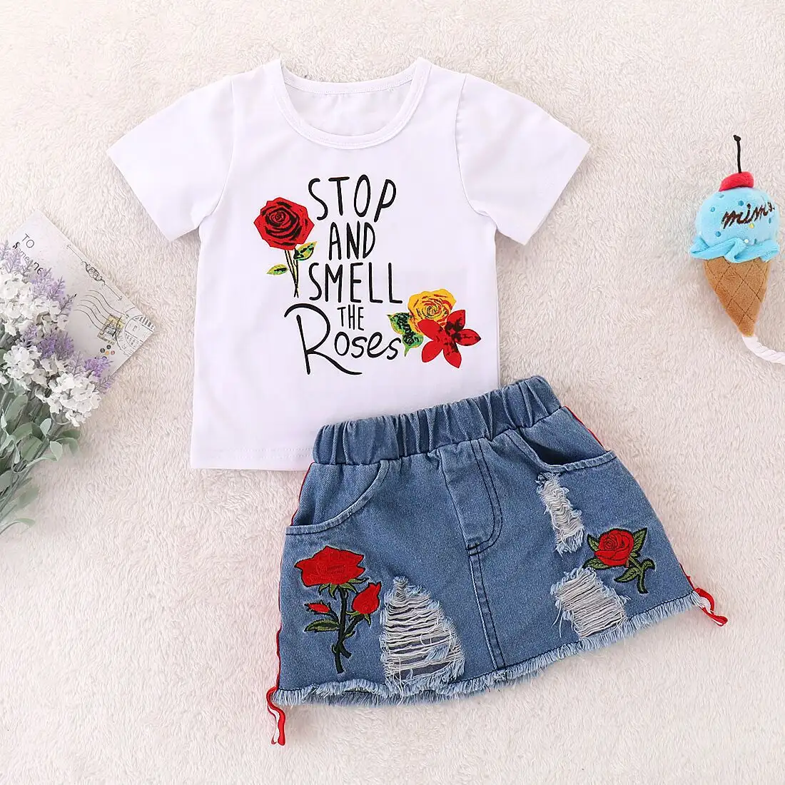 Sommer Kinder Outfits Set Mädchen weißen Druck T-Shirt Jeans rock zweiteilig
