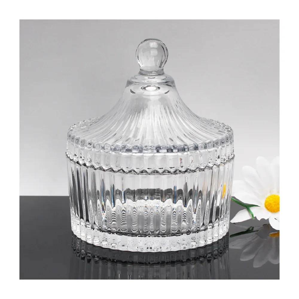 Recipiente de vidro transparente velas, pote de doce de cristal com tampa de vidro personalizado de fantasia, vela em massa para o suporte de velas
