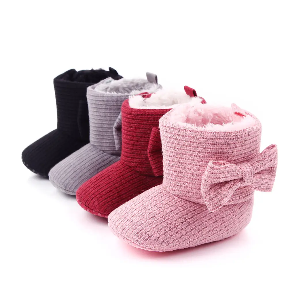 Hete Verkoop Pasgeboren Baby Zachte Zool Strik Winter Fleece Snowboots Katoen Warm Peuter Wandelen Casual Baby Schoenen