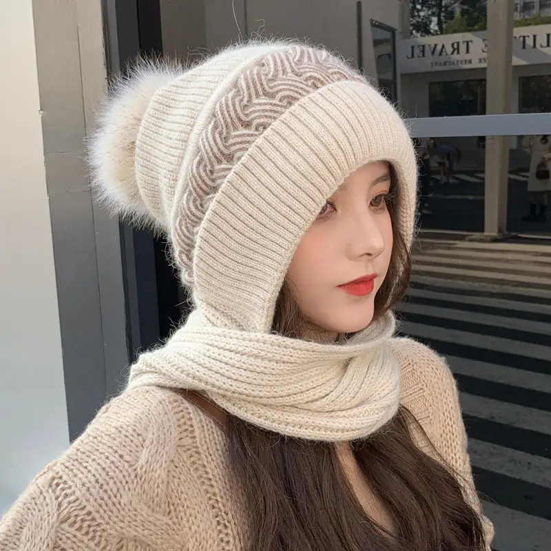 Mùa Đông Mới Dệt Kim Len Mũ Khăn Pom Pom Mũ Một Mảnh Dày Màu Rắn Ấm Earmuffs Phụ Nữ