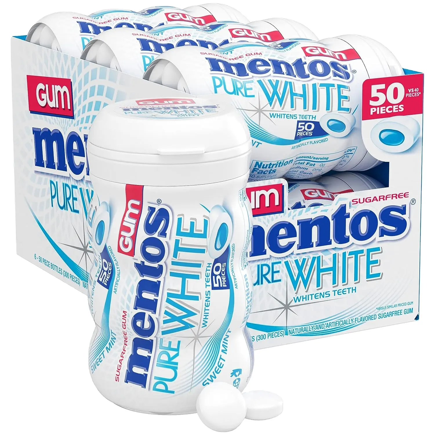 Mento Pure White Mint Zuckerfreier Kaugummi mit 50 Stück Xylitol-Flasche (6er-Pack)