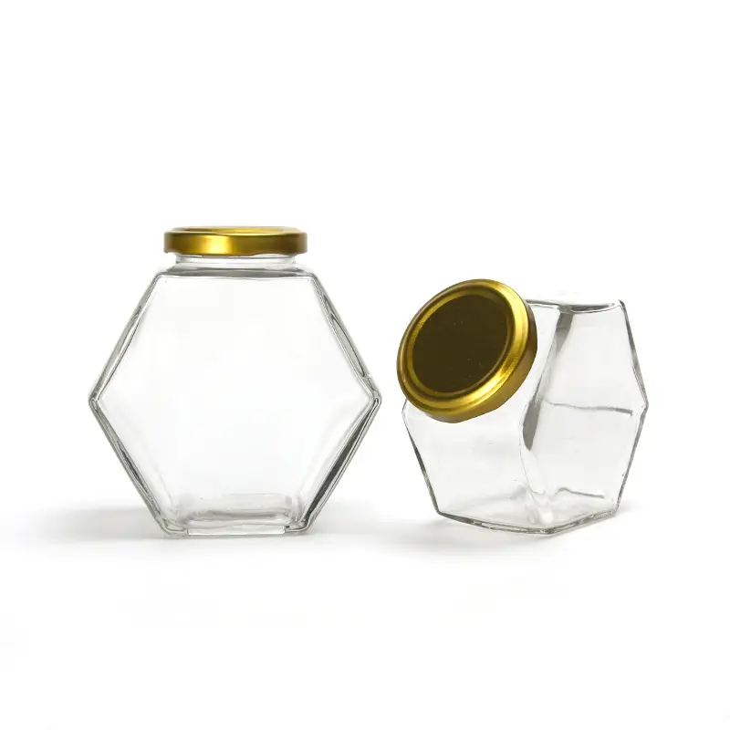 Wholesale empty 180ml 280ml hexagon shaped honey glass jar with screw cap