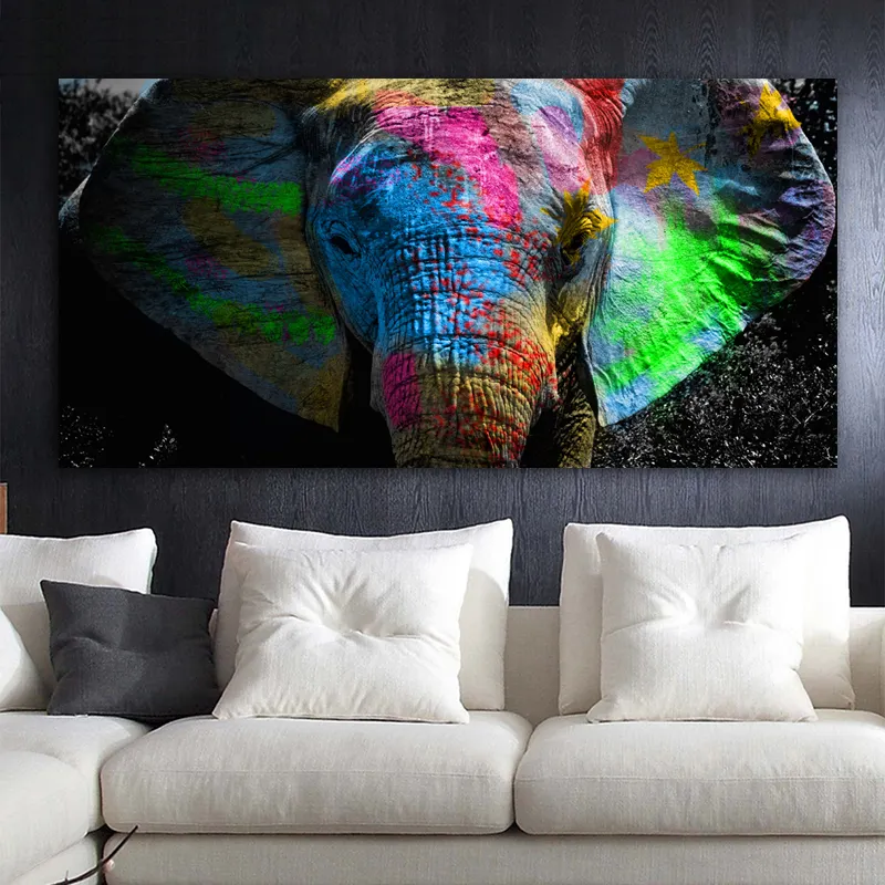 Pintura de elefante colorido, póster de Animal, pintura al óleo sobre lienzo, arte de pared, imagen de decoración de habitación, gran oferta