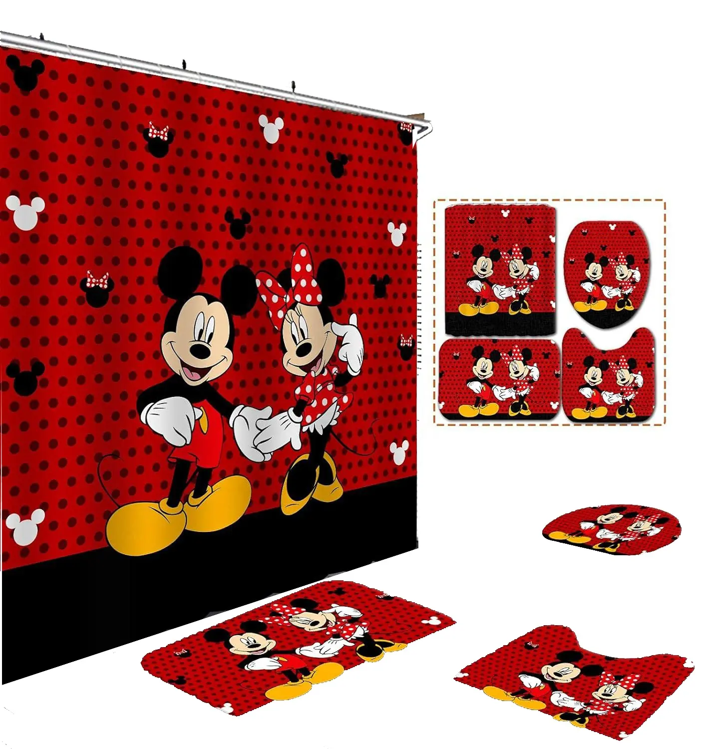 Kawaii lindo ratón Día de San Valentín personalizado juegos de baño ducha 4 piezas de dibujos animados baño Cortina de ducha y juego de alfombras