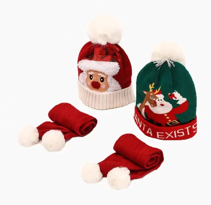 Sevimli geyik noel baba şapkaları eşarp seti bebek ipliği tığ işi kap pom pom ile noel kırmızı sequins çocuk örme şapka kış için