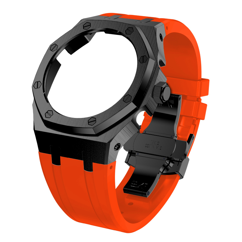 Black case orange strap