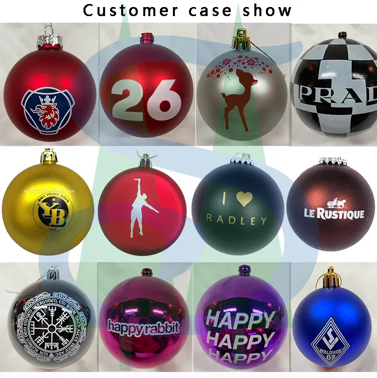 Boule de noël en plastique incassable, motif de LOGO personnalisé OEM ODM, boule de noël avec LOGO imprimé, ornement SENMASINE