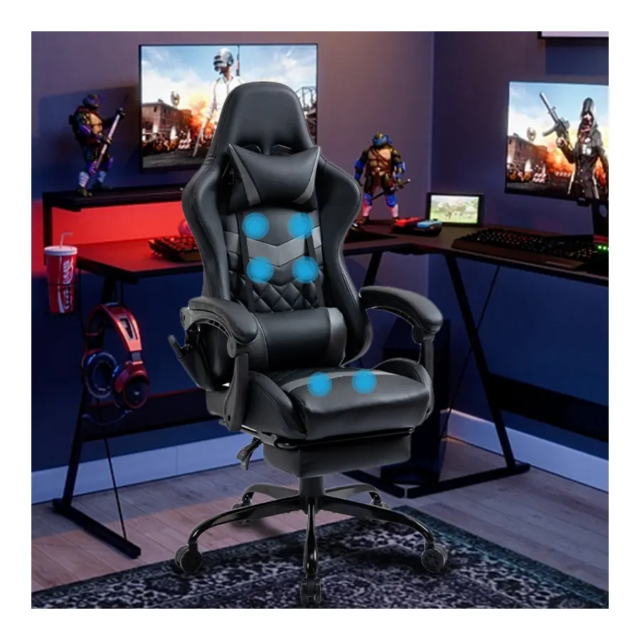 하이 백 편안한 안락 의자 PU 가죽 사무실 레이싱 게이머 게임 의자 발판이있는 마사지 게임 의자