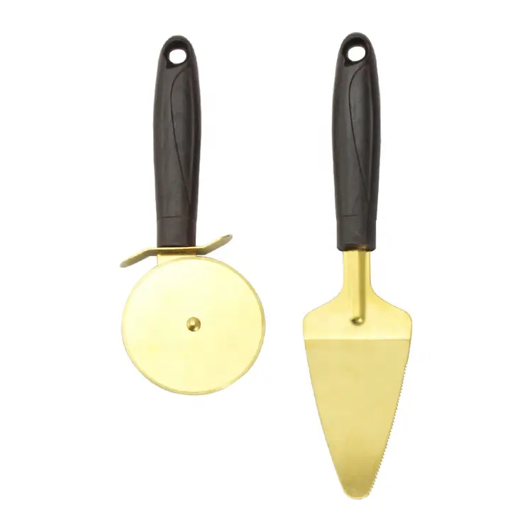 Ensemble d'outils de cuisson en acier inoxydable doré Trancheuse à pâte à gâteau Serveur à tarte Pelle et rouleau Coupe-pizza