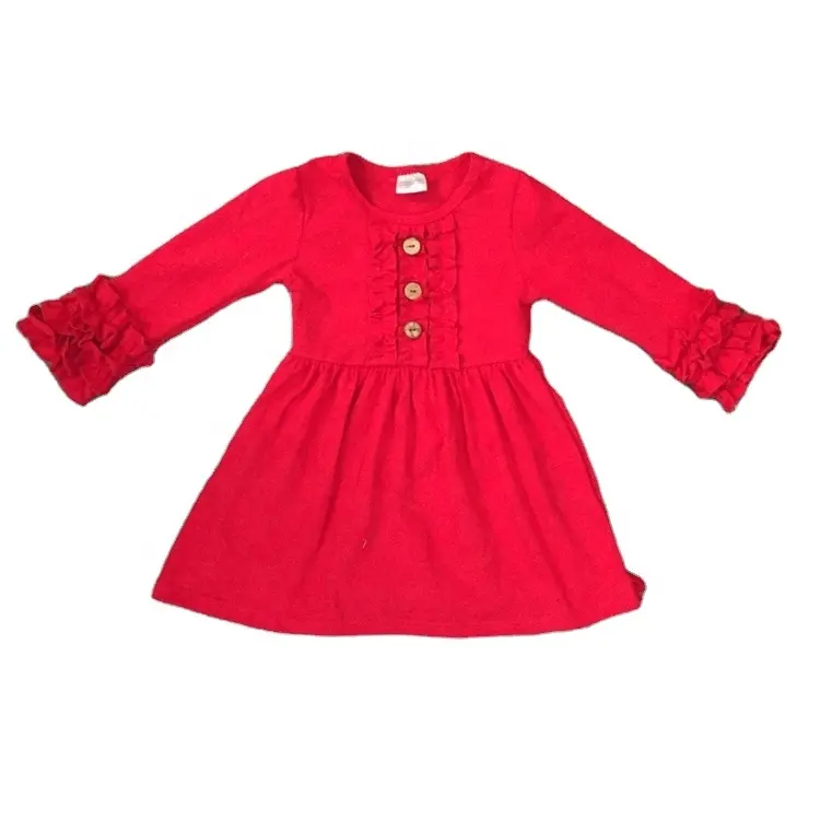 Großhandel Herbst Winter Baby Mädchen Kinder Kleidung Baumwolle Langarm Kleid einfarbig Rüschen Mädchen Kleid