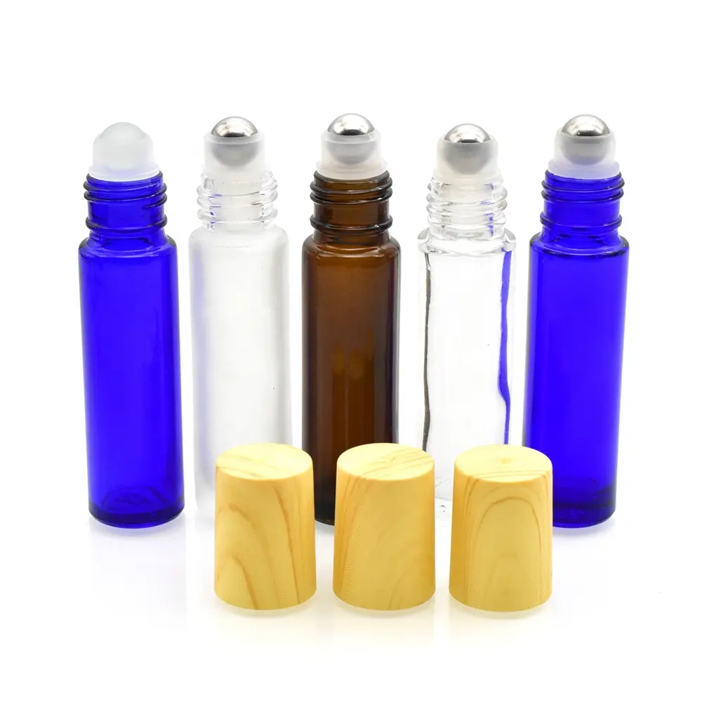 Botol roller kaca biru bening amber 10ml kosong minyak esensial roll on botol parfum kaca dengan tutup kayu plastik stok tersedia