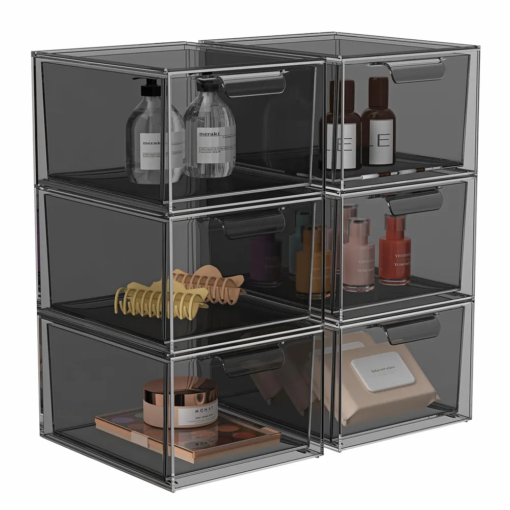 Stackable Clear Acrylic Makeup Organizer Black Lucite Storage Drawer with Handles for Vanity Cabinets Pantry