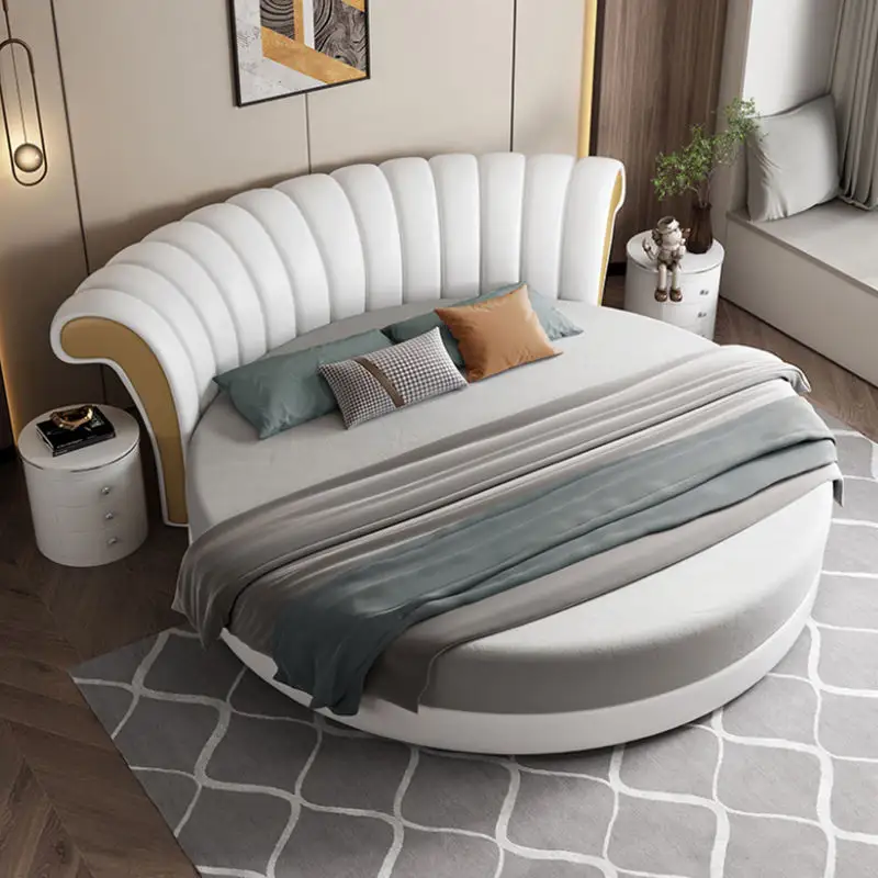 Big queen size bed frame high quality round bed Italian kingkong leather luxury double bed