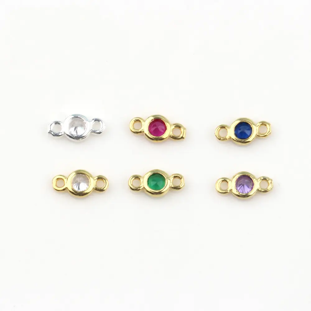 Flat Round Golden Mix Stone 7mm Two Loops 925 Sterling Silver Bezel Connectors Wholesale Supplies Jewelry