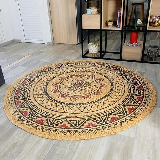 Runder Teppich Block druck Jute Geflochtene Teppiche Große geometrische Mandala-Matte Runder dekorativer Wohnzimmer-Wohnkultur-Teppich