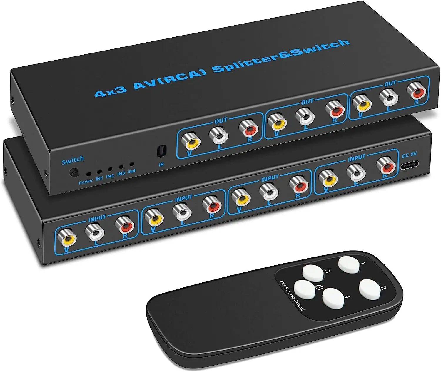 RCA AV Splitter Switch 4 in 3 Out RCA Switcher Box Video L/R Stereo Audio AV Selector Box 4 x3 Composite Switcher