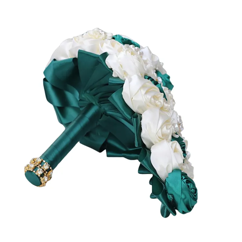 2024 Customize Color Waterfall Water Drop Crystal Ribbon Flower Emerald Green and Ivory Luxury Bridal Bouquet Wedding Flowers