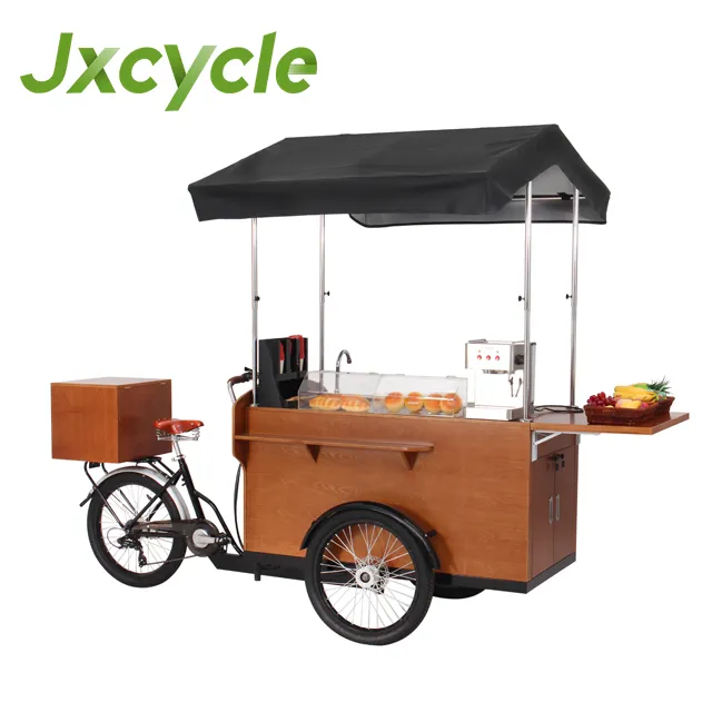 Mobiler Lebensmittel wagen mit 3 Rädern und klassischem Kaffee fahrrad
