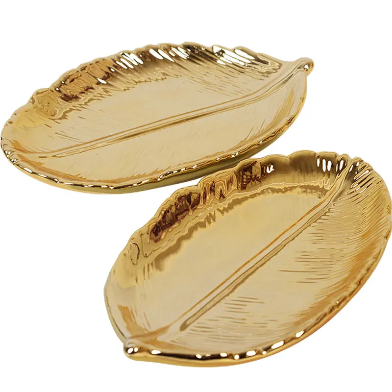 Seaygift nordic gioielli in ceramica di stoccaggio vassoio di oro placcato gioielli in porcellana collana orecchini anelli d'oro foglia di palma piatti