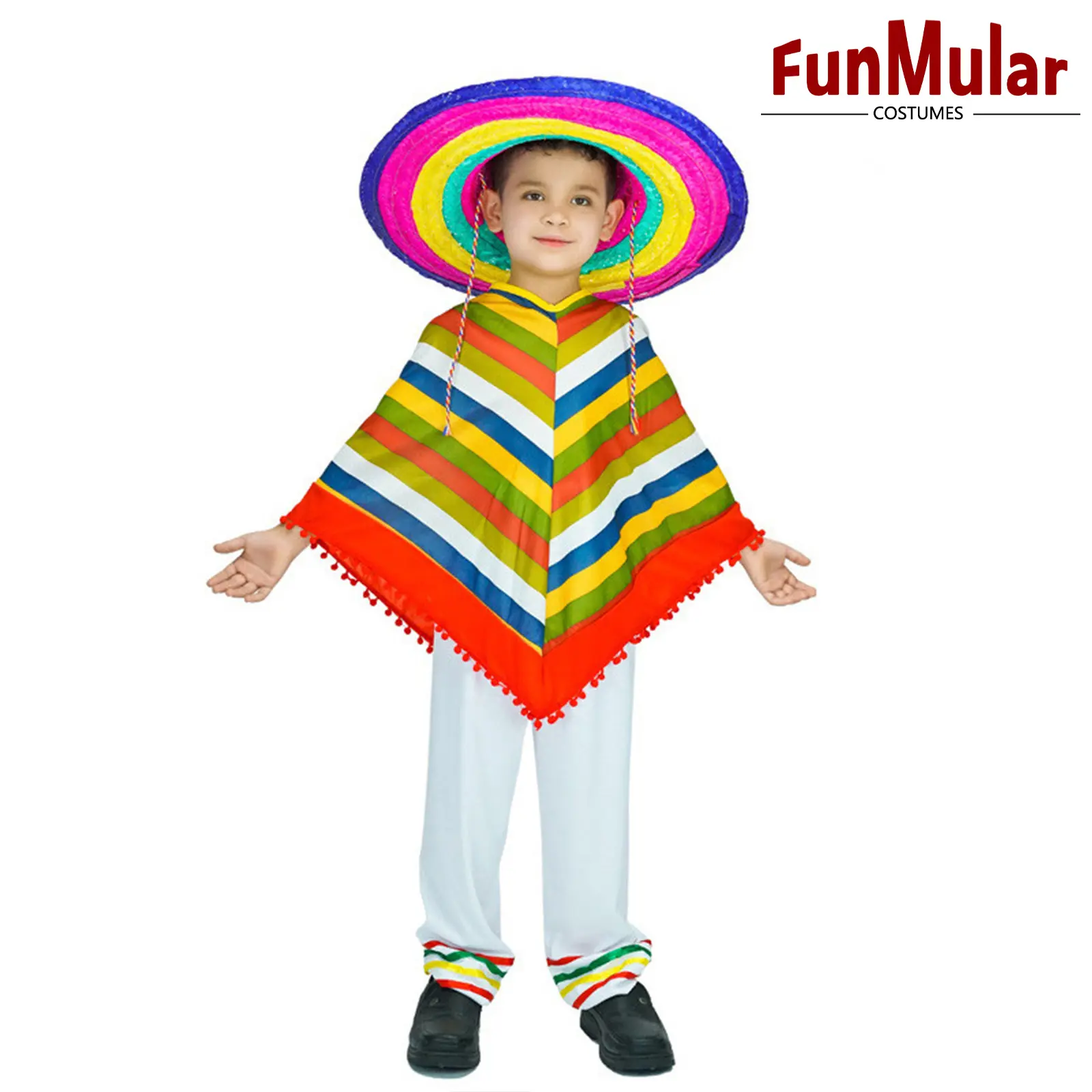 Funmular Mexican Party Kostüm Set für Kinder Buntes Poncho Kostüm Zubehör für Halloween Cosplay