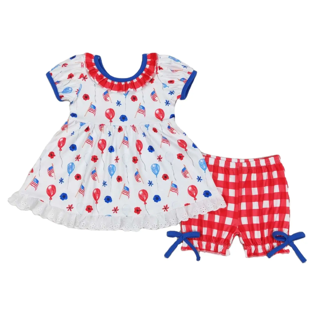 RTS Baby-Girls-Großhandel Kleinkind-Rufel 4. Juli Ballon-Top Feiertag Shorts rot Boutique-Outfits Kleidungssets