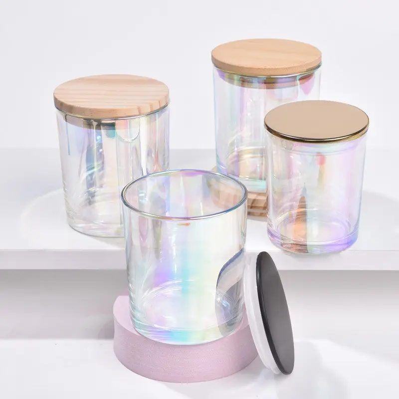 Luxo 7OZ 10OZ Vazio Colorido Brilhante Iridescente Arco-íris Vidro Vela Jar Cup com Metal Bambu Tampa De Madeira