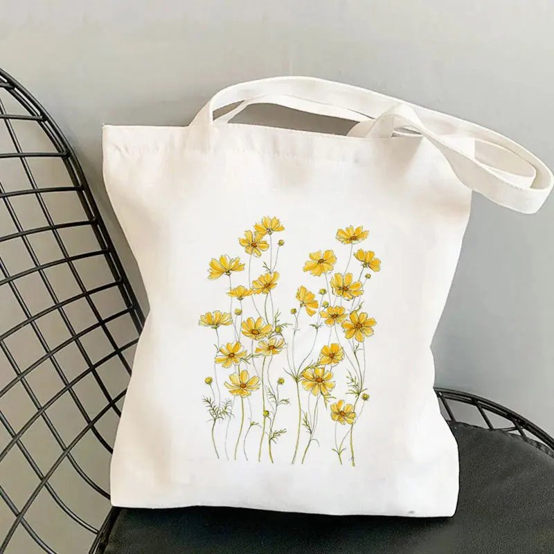 Bunga kuning dicetak tas Tote wanita tas belanja tas tangan gadis bahu tas belanja wanita tas kanvas