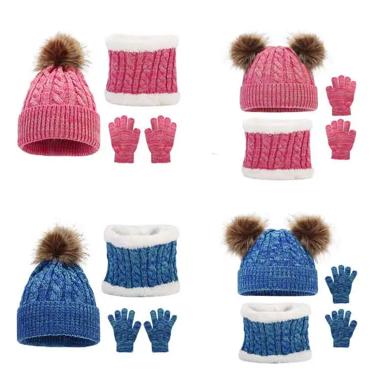 Eşarp ponpon ile 3 adet Set bebek şapka çocuk kış şapka örme sevimli sıcak kap eşarp kız erkek için Suit