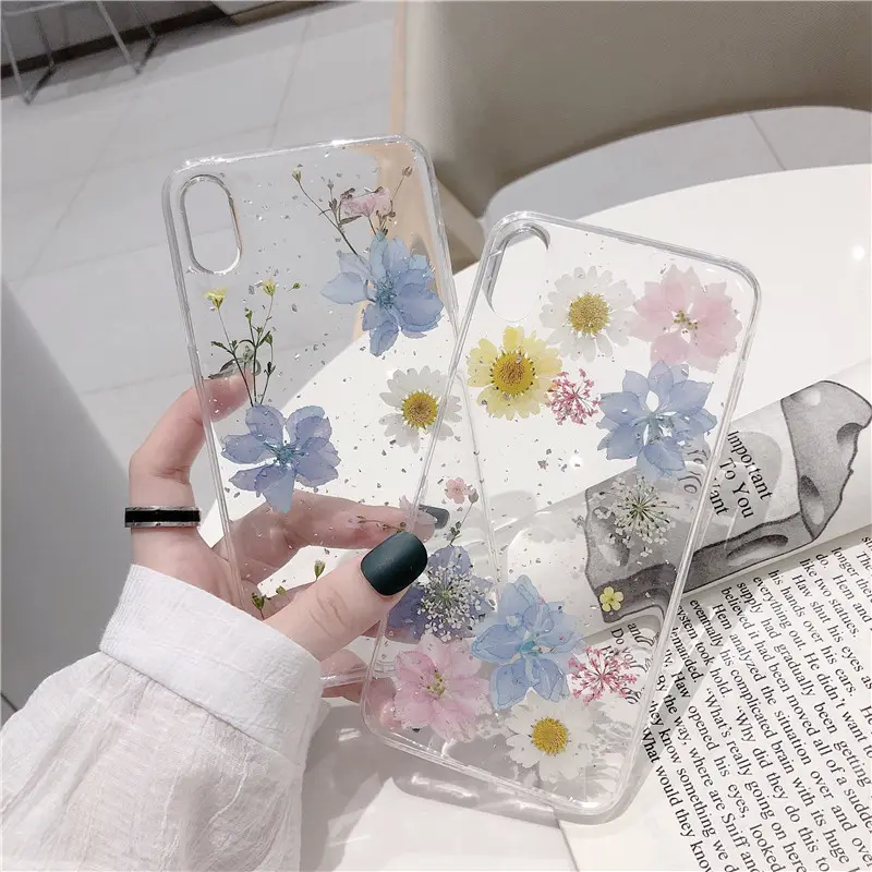 Funda de teléfono hecha a mano para iPhone X, flor real seca prensada, carcasa trasera