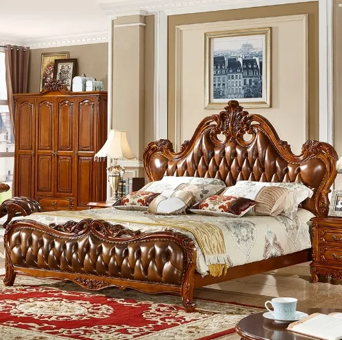 Alta Qualidade Importados Oak Home Furniture Design Antigo King Size 1.8*2.0 m 2.0*2.2 m Quarto Sólida Cama de Couro Genuíno