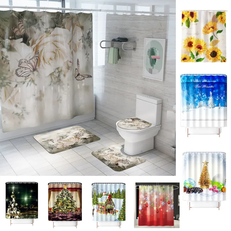 Tappeto da bagno stampato floreale personalizzato e tenda da doccia Set per l'arredamento del bagno con tenda da doccia inclusa