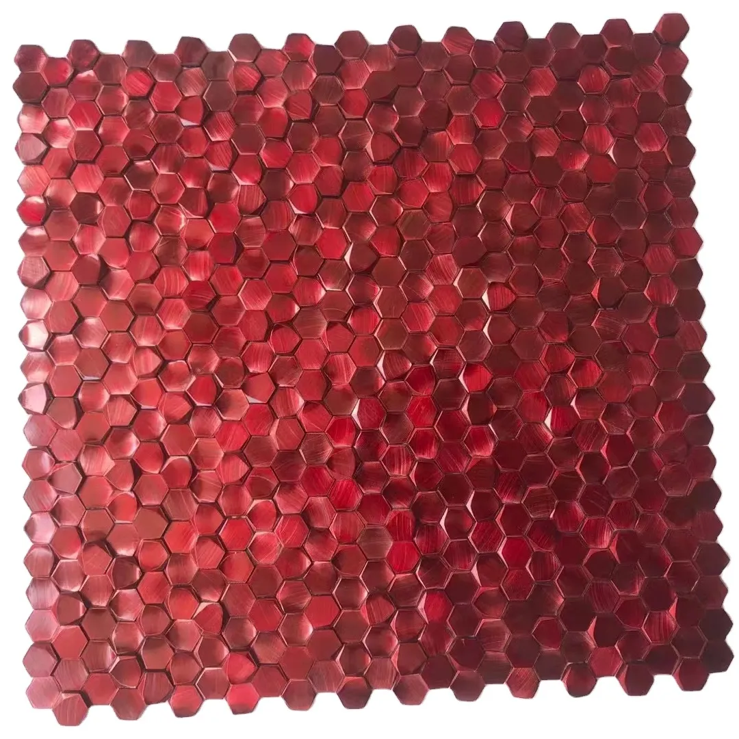 Azulejos hexagonais de romã vermelho, mosaico de metal de alumínio escovado para backsplash