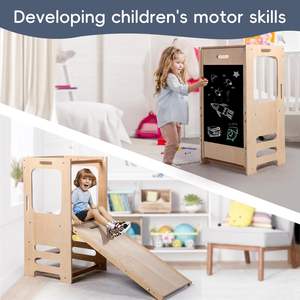 Houten Montessori Leren Kruk Leren Toren Met Tekentafel En Educatieve Nummer Stickers & Glijbaan - Product Image 3