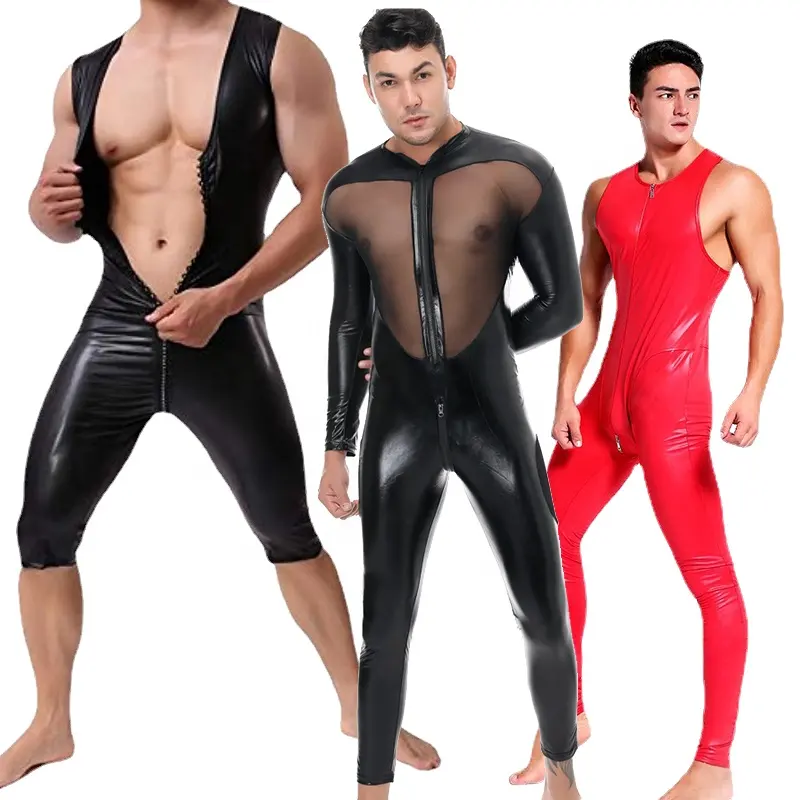 Sexy Kostuums Heren Fetish Latex Catsuit Pvc Spandex Kat Pak Pu Leer Rits Panty Mesh Bodysuit Zwarte Jumpsuit