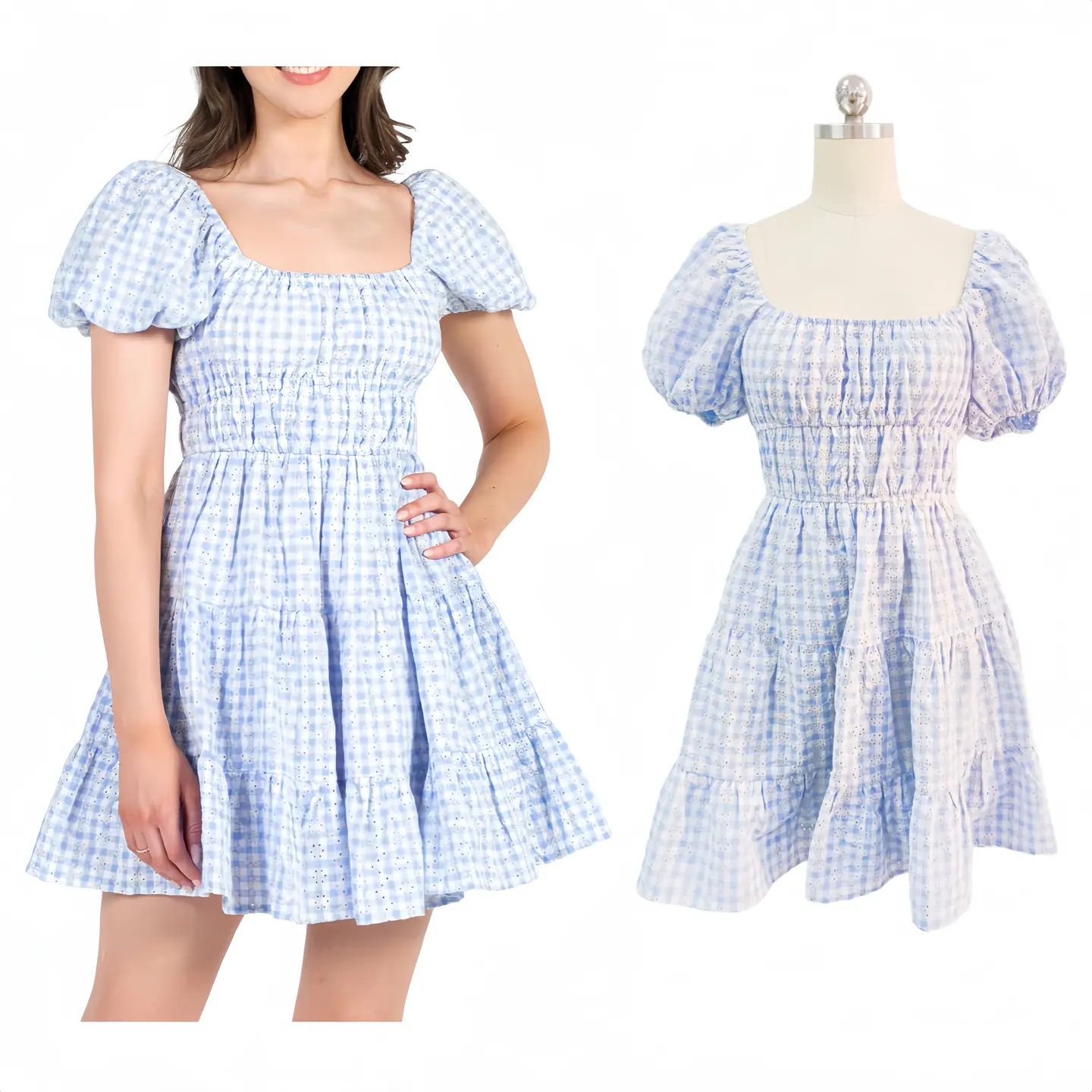 100% algodón Gingham Sun vestidos mujeres Casual encaje ojal Puff Midi vestido para damas elegante vestido escalonado