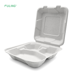FULING 8 inç 9 inç 3 bölme kapaklı Bagasse gıda kapları tek kullanımlık şeker kamışı gitmek için konteyner biyobozunur - Product Image 4