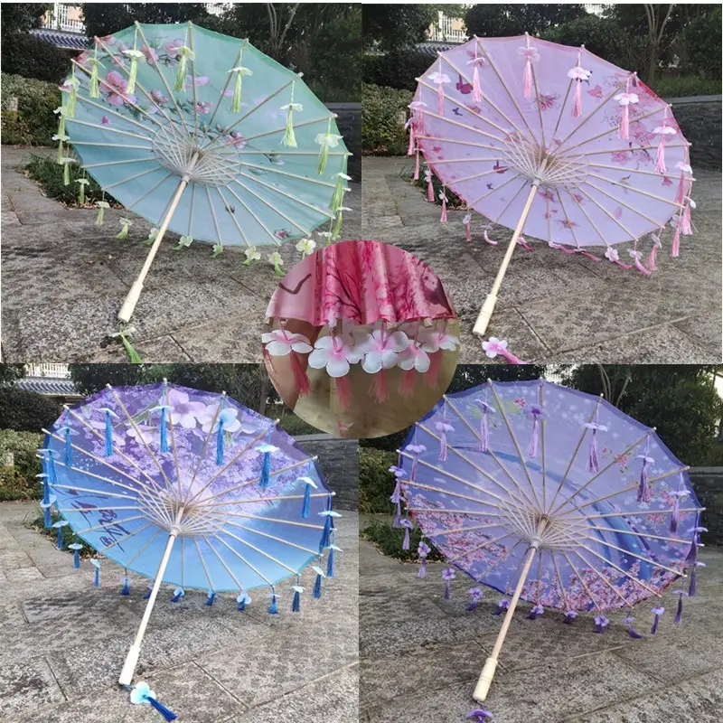 Paraguas decorativo de seda de estilo chino, sombrilla de baile de actuación fotográfica, paraguas de papel engrasado hecho a mano con borlas
