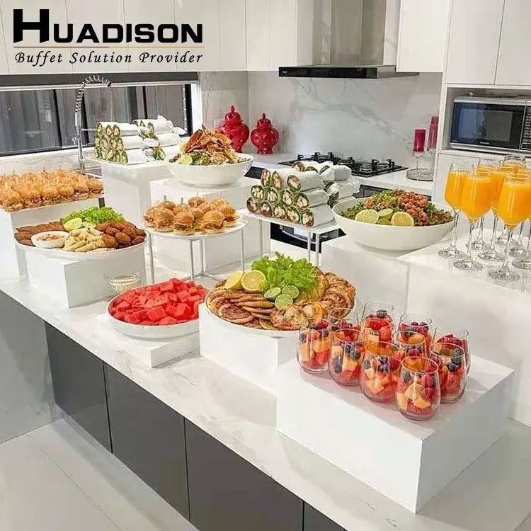 Huadison Catering Equipment Rechteck Clear Display Würfel Food Table Weiß Acryl Catering Buffet Riser für Food Display
