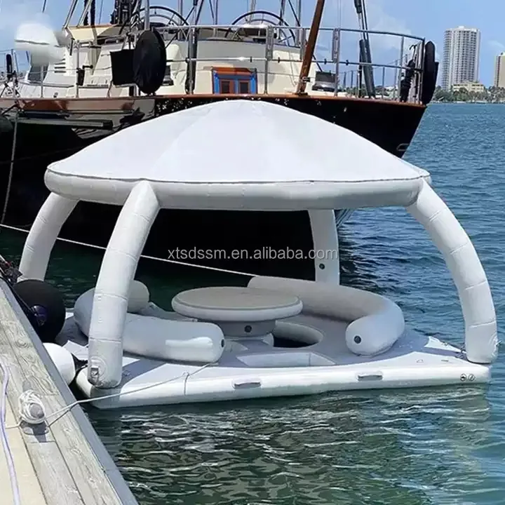 Kenyamanan Cabana Rakit Lounge Tiup Mengambang Pontoon Dock Platform Air dengan Kanopi Dilepas