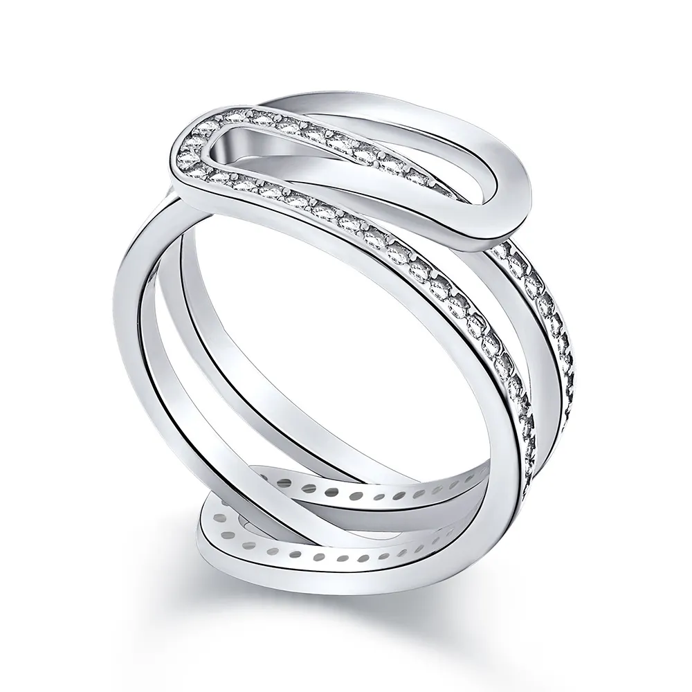 Dylam moderno stile Punk elastico 925 Sterling argento lucido bianco Zirconia cava C a forma di doppio strato anello regolabile