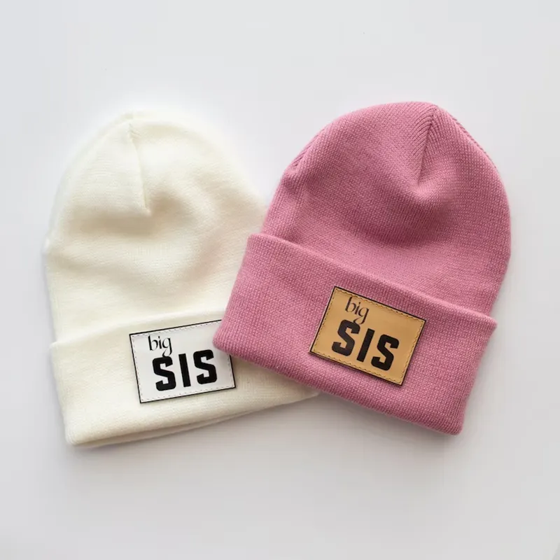 Wholesale Newborn Gift Unisex Infant Kids Beanie Personalized Name Knitted Hats Custom Baby Beanies With Leather Patch