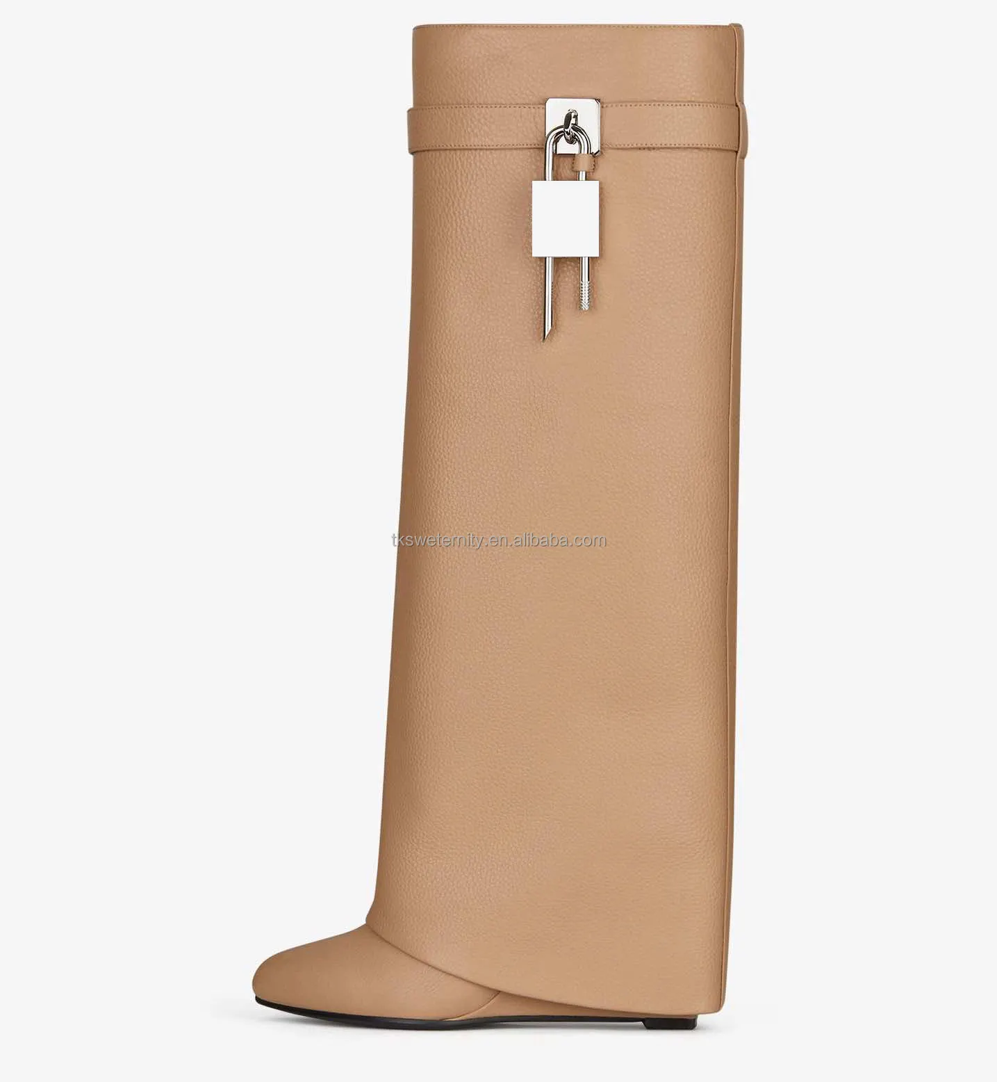 Hochwertige kniehohe Khaki-Stiefel aus Kalbsleder Shark Lock Metalls chnalle mit Keil absätzen Luxus-Design Damen-Hosen stiefel