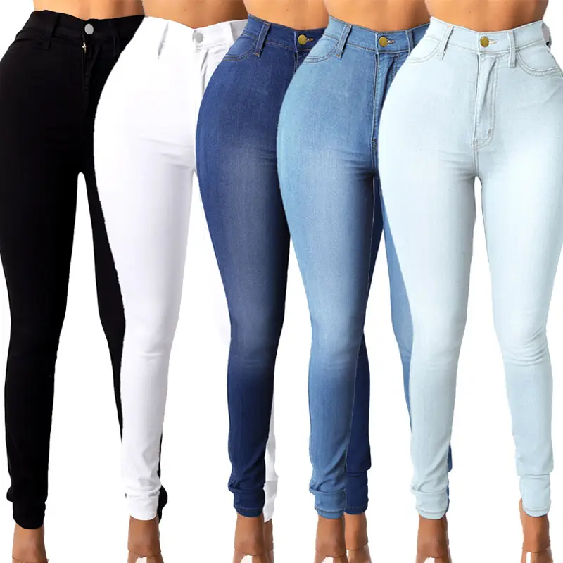 New Jeans Venta al por mayor Calidad Elástico Cintura alta Vintage Blue Wash Hole Tight Jeans para mujeres