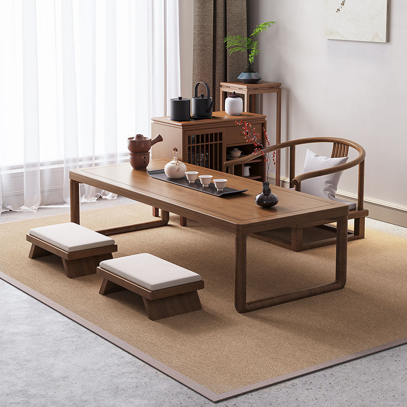 1.2-meter tea table, two low copper coin stools