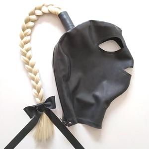 搬家者恋物癖睁眼嘴金发假发辫子和蝴蝶结拉链性感黑色乳胶兜帽面具