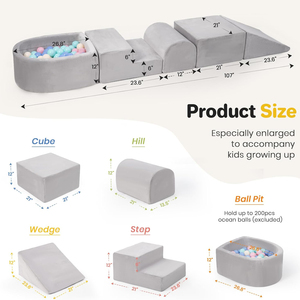 Playwork Indoor-Aktivitäts-Spielballbecken Maschinenwaschbarer Samtbezug Schaumstoff Graue Weiche Kletterblöcke Spielzeug für Kinder 1-3 - Product Image 5